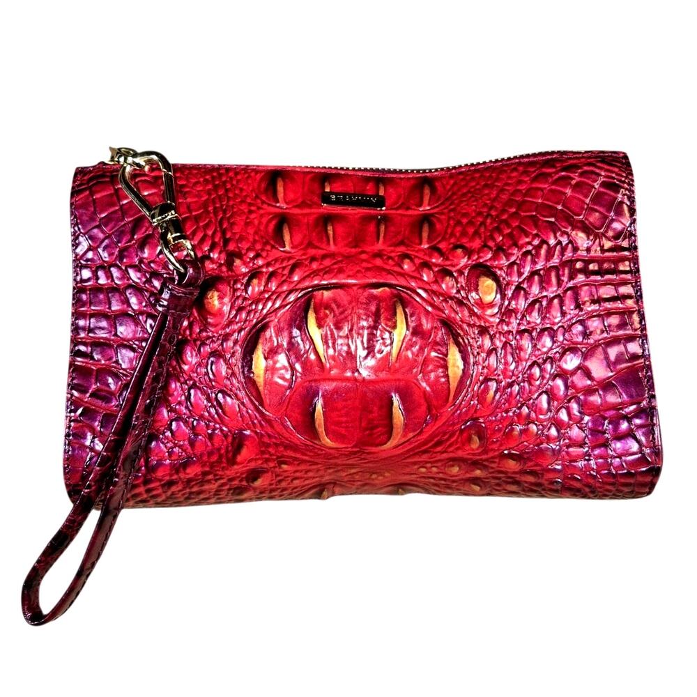 Brahmin Daisy Wristlet Croc Embossed Leather Ruby/ Gold Ombre Clutch Purse